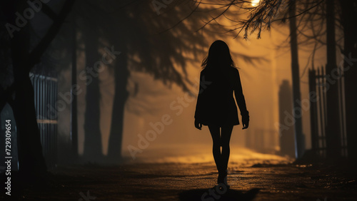 Silhouette of a young woman walking home alone at night , scared of stalker and being assault , insecurity concept