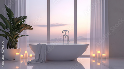 White bathtub with candles near the Panoramic window  Rose petals  Romantic setting  minimalism  bright bathroom  bathroom design