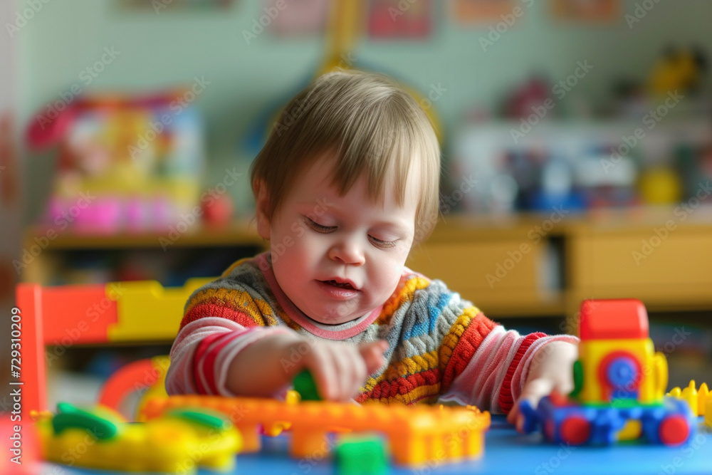 Little girl with Down syndrome plays with toys while sitting at the table Little girl with Down syndrome plays with toys while sitting at the table