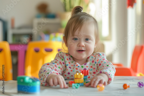 Little girl with Down syndrome plays with toys while sitting at the table