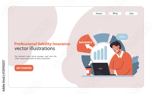 Professional liability insurance concept. Specialist manages risk with tailored coverage. Focus on securing business and reputation. Flat vector illustration.