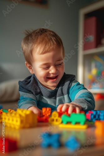 Cute boy with down syndrome plays with toys while sitting at the table