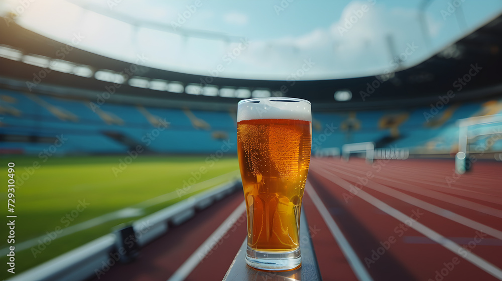 Cinematic wide angle photograph of a beer pint glass at a running track. Product photography. - obrazy, fototapety, plakaty 