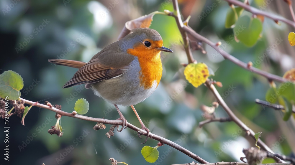 European Robin on branch, Erithacus rubecula, birds of Montenegro. European Robin on branch, Erithacus rubecula, birds of Montenegro.