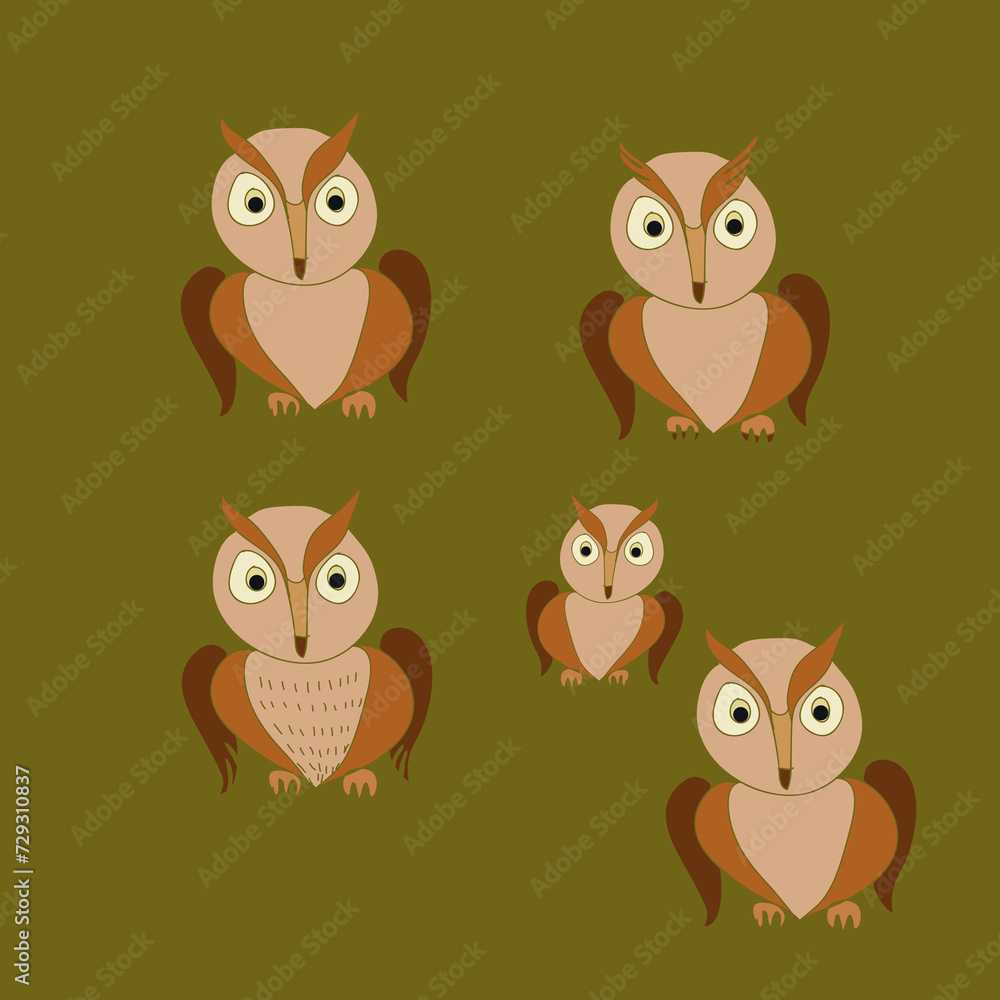 Fototapeta premium Ornament colored owls. Hand drawn.