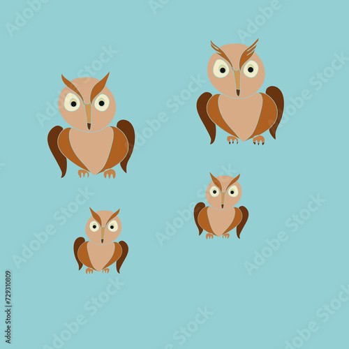 Cartoon  colored owls.  Hand drawn.