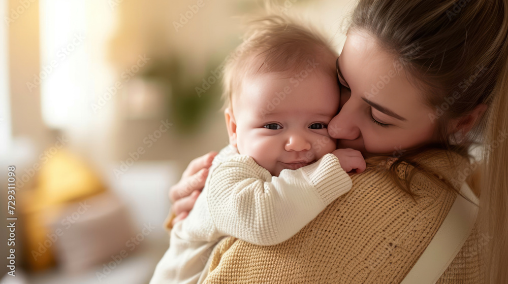Care, love and mother with baby for bonding, relationship and child development together at home. New born, motherhood and happy mom carry infant for sleeping, support and affection in nursery room Care, love and mother with baby for bonding, relationship and child development together at home. New born, motherhood and happy mom carry infant for sleeping, support and affection in nursery room