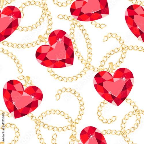 Seamless pattern with red heart shaped diamonds and gold chains. Jewelry background. Vector illustration.