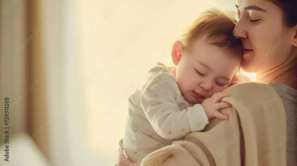 Care, love and mother with baby for bonding, relationship and child development together at home. New born, motherhood and happy mom carry infant for sleeping, support and affection in nursery room Care, love and mother with baby for bonding, relationship and child development together at home. New born, motherhood and happy mom carry infant for sleeping, support and affection in nursery room
