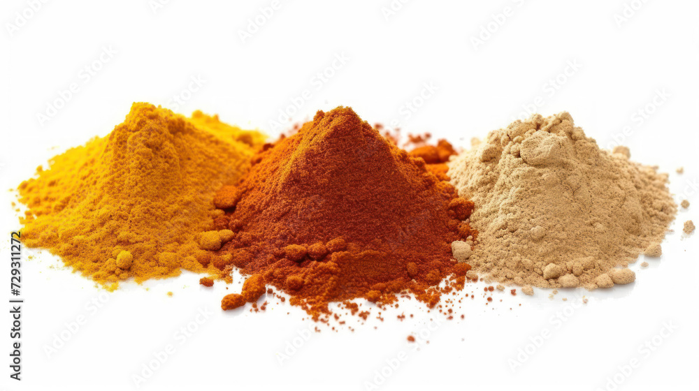 Cayenne pepper, ginger and turmeric, powder piles isolated on white background. Cayenne pepper, ginger and turmeric, powder piles isolated on white background.