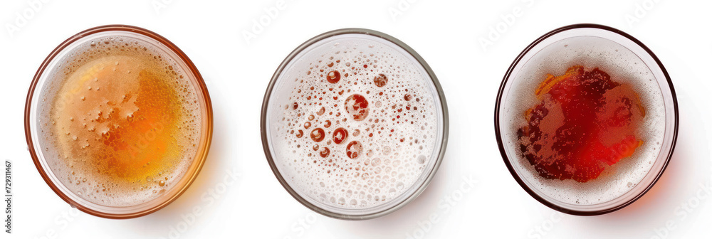 Set glass of beer with bubble isolated on white background, top view. Set glass of beer with bubble isolated on white background, top view.