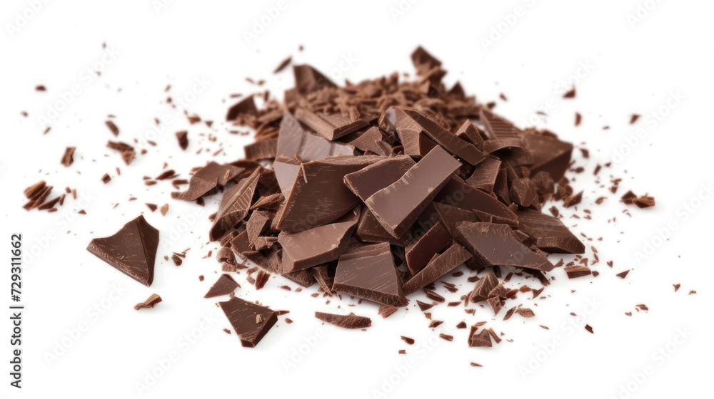 Pile scraped, milled dark chocolate shavings, 70 percent cocoa, isolated on white background, top view. Pile scraped, milled dark chocolate shavings, 70 percent cocoa, isolated on white background, top view.