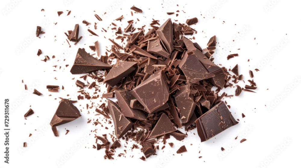 Pile scraped, milled dark chocolate shavings, 70 percent cocoa, isolated on white background, top view.