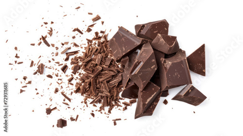 Pile scraped, milled dark chocolate shavings, 70 percent cocoa, isolated on white background, top view.