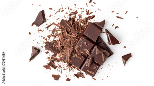 Pile scraped, milled dark chocolate shavings, 70 percent cocoa, isolated on white background, top view.