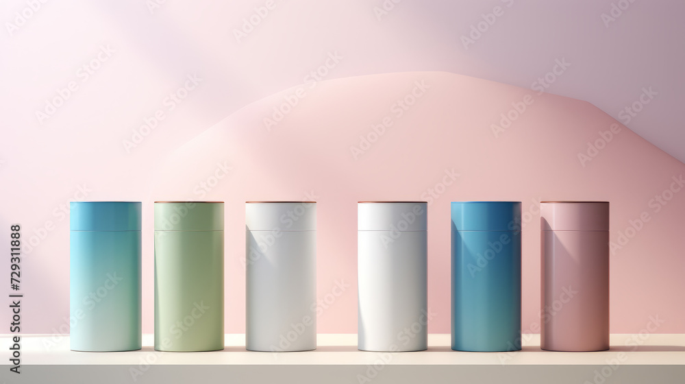 Cylindrical round colorful gift boxes on pink studio background. Cylindrical round colorful gift boxes on pink studio background.