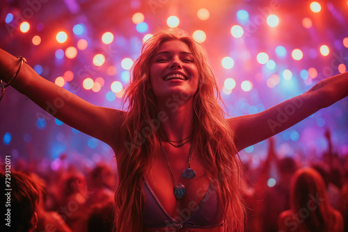 A joyous young woman with outstretched arms enjoys the moment, basking in the vibrant lights at a festive music event.