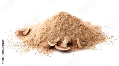 Shiitake mushroom powder (Sh), pile isolated on white, side view.