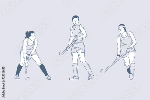 Set of outline illustrations of women field hockey
