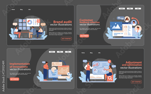 Rebranding Process Web Illustrations. A collection of vector illustrations detailing a brand's audit, customer feedback integration, innovation implementation, optimization for web use. Flat vector.