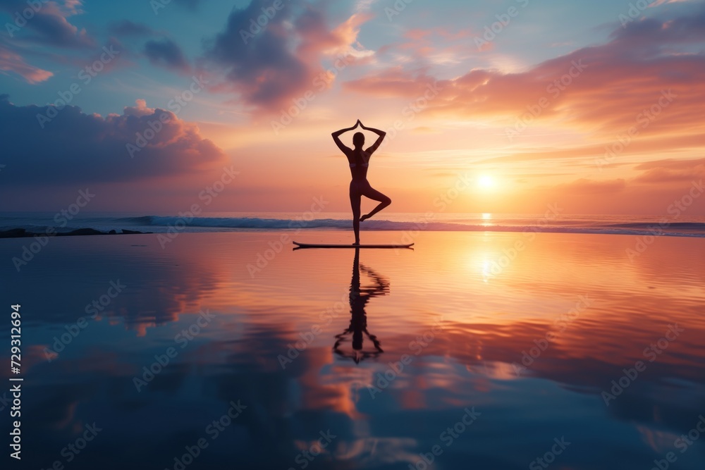 Woman doing yoga on the sunrise Woman silhouette. Yoga silhouette.