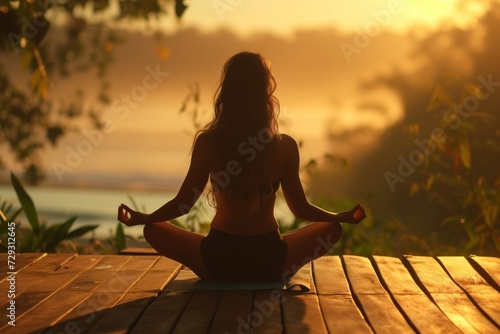 Woman meditating on the sunrise. Yoga, Mental health.