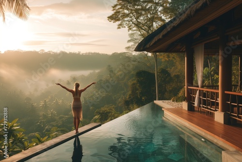 Woman doing yoga on the terrace of a traditional luxury bungalow in Bali at sunrise. photo