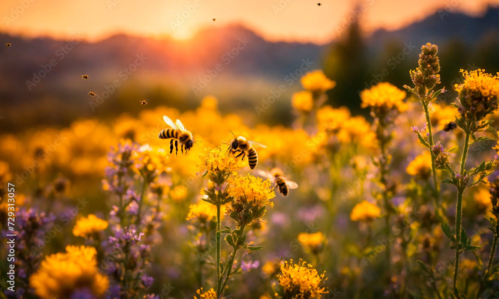 Obraz premium bees collect honey in a flower meadow honeycomb . Selective focus.