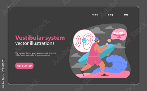 Vestibular system illustration. A man engaging with balance, showcasing the ear's role in maintaining equilibrium. Navigating the sense of orientation. Flat vector illustration.
