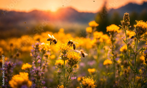 bees collect honey in a flower meadow honeycomb . Selective focus. © yanadjan