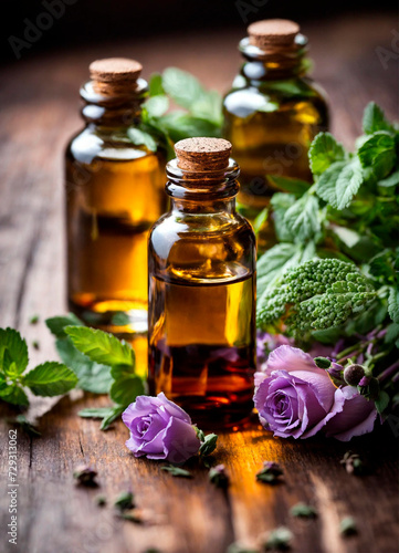 herbal essential oils in bottles. Selective focus.