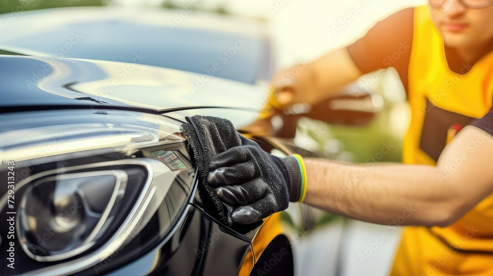 A man cleaning black car with microfiber cloth. A man cleaning black car with microfiber cloth.