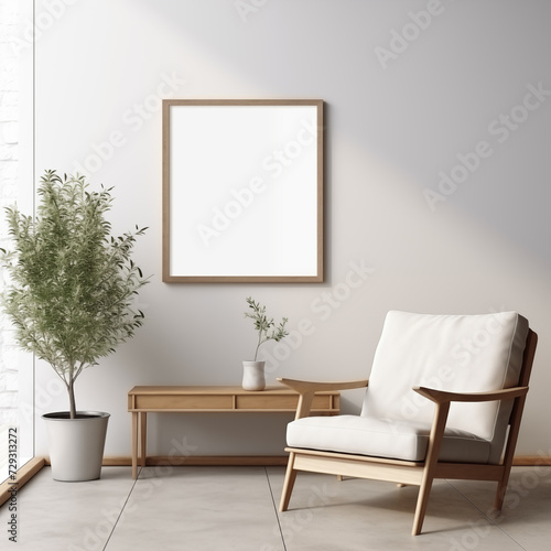 Interior of modern living room with soft armchair, table, tree and blank wall art mockup. Generative AI.