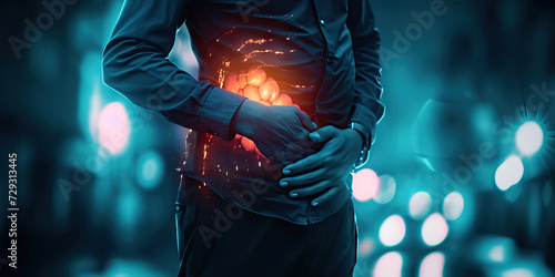 Stomach Pain: Visual Effects Image of Person Clutching Abdomen, Denoting Stomachache or Digestive Discomfort. photo