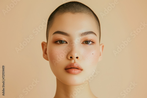 Asian bald woman, fashion, beauty, cosmetics concept, isolated on orange background, beautiful young woman with short haircut