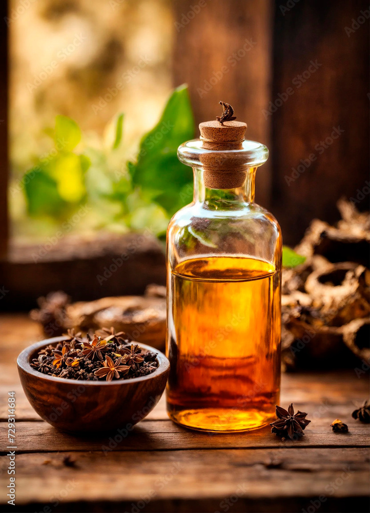Anise essential oil in a bottle. Selective focus. Anise essential oil in a bottle. Selective focus.