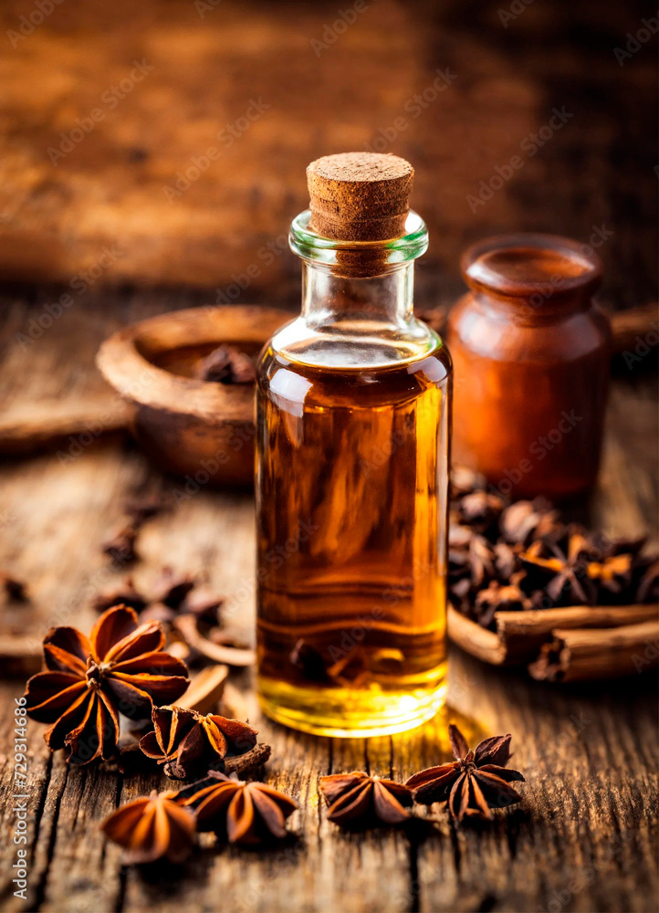 Anise essential oil in a bottle. Selective focus. Anise essential oil in a bottle. Selective focus.