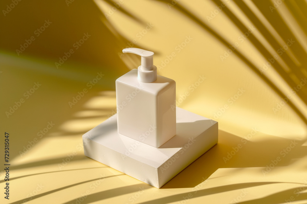 Mock up of blank white shampoo bottle with dispenser pump, on yellow background Mock up of blank white shampoo bottle with dispenser pump, on yellow background