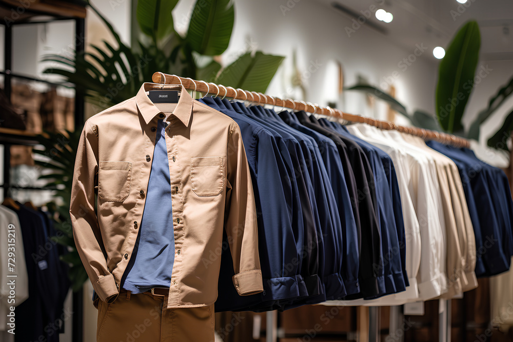 Shirts and trousers are displayed on a clothing rack Shirts and trousers are displayed on a clothing rack