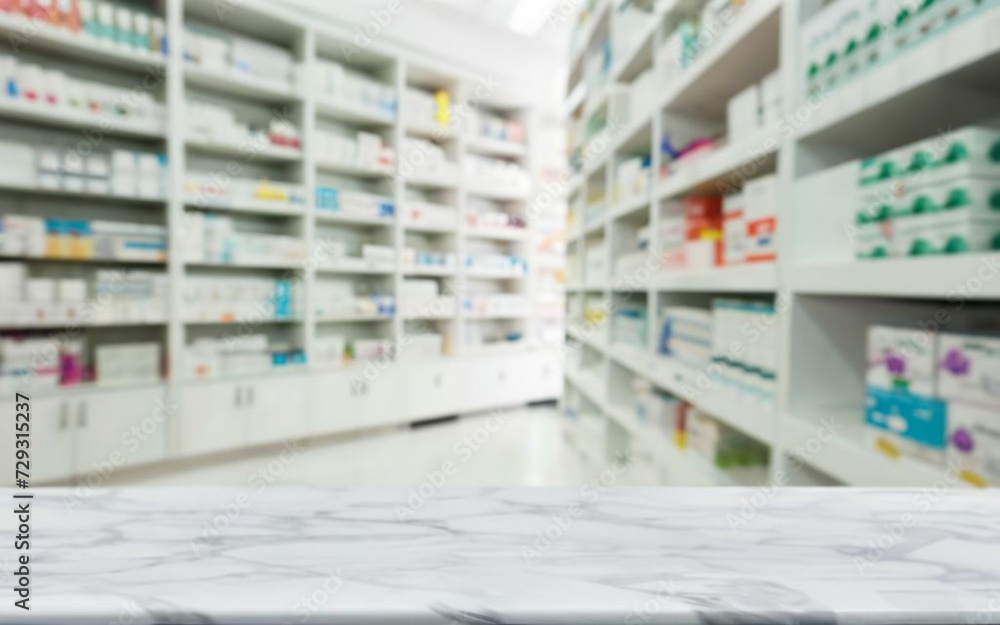 Reflections of Stillness: A White Marble Counter in Pharmacy Chaos