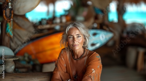 A beautiful mature woman 50-60 years old renting surfboards on the beach. She's an owner of a small business.