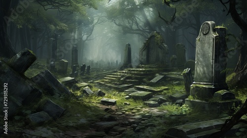 Eerie Nighttime Horror at Abandoned Cemetery with Ancient Tombstones