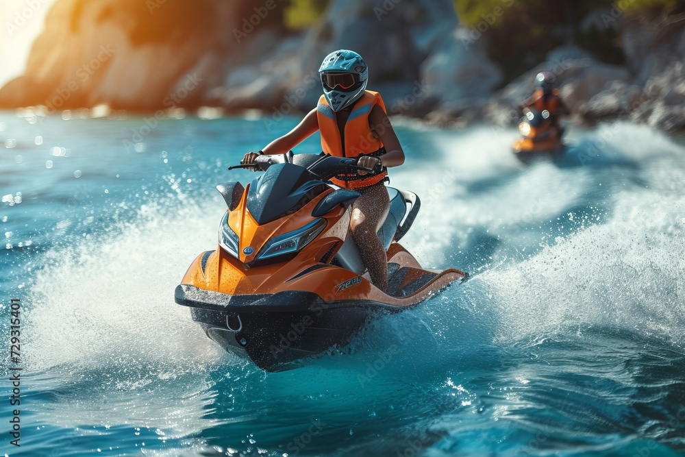 A woman in safety helmet and vest riding jet ski on along sea coast A woman in safety helmet and vest riding jet ski on along sea coast