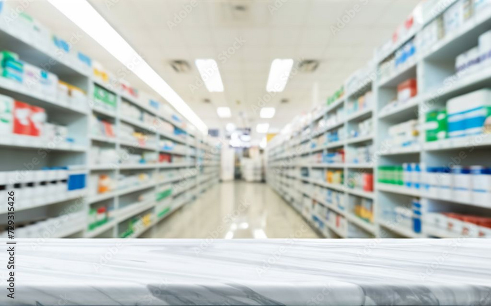 Minimalist Retreat: Empty White Marble Counter against Pharmacy Shelves