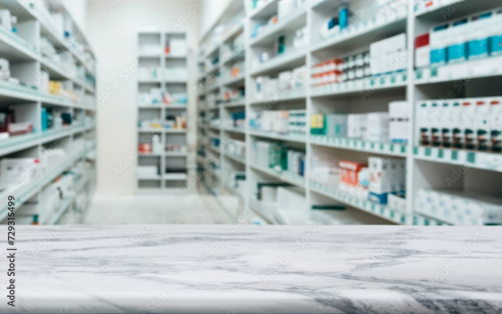 Lost in Tranquility: A White Marble Counter Amidst Pharmacy Shelves