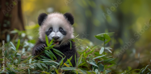 A banner with cute small baby panda eating bamboo leaves, sitting in a forest © Anna Lurye