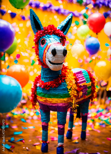 children's party with pi ata and candy. Selective focus.