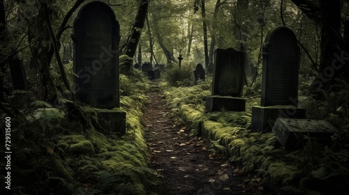 Eerie Nighttime Horror at Abandoned Cemetery with Ancient Tombstones