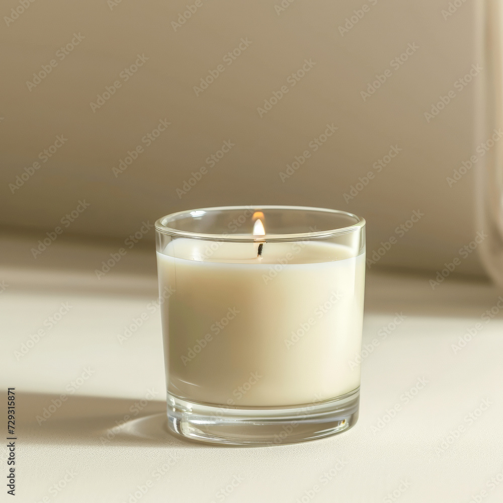 Burning hand made candle in glass, copy space for text Burning hand made candle in glass, copy space for text