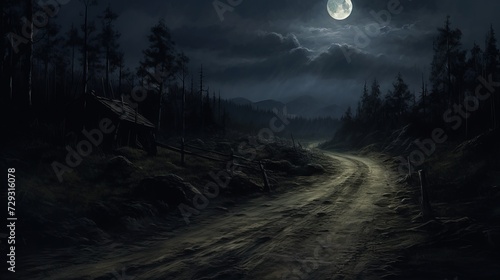 Eerie Nighttime Horror on a Lonely Road with a Starry Sky